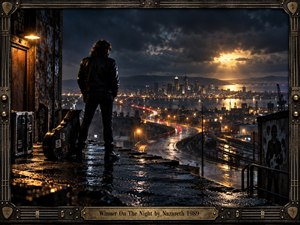A lone leather-clad rocker stands on a rain-slicked industrial rooftop beside a battered guitar case, overlooking a glowing harbor city and winding highway. Deep blue storm clouds, amber lights, wet reflections, and cinematic photographic realism create a defiant nocturnal mood, enclosed by a rugged guitar-inspired metal frame.