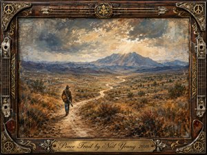 A solitary traveler carrying a guitar follows a winding desert trail toward distant blue-gray mountains beneath a glowing, storm-streaked sky. Warm ochre grasses and rust-toned earth contrast with cool horizons, creating a reflective, hopeful mood. Painterly textures, dramatic sunlight, and an ornate guitar-inspired frame reinforce themes of endurance, freedom, and peace.