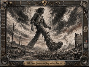 A colossal, weathered figure strides across a storm-swept landscape of ruined roads, distant mountains, protest crowds, and industrial decay. Deep charcoal textures, silvery grays, and muted rust tones create a brooding, nostalgic mood. Dramatic clouds and sweeping motion surround the giant, framed by ornate rock-inspired metalwork, guitar details, speakers, and an engraved title plate.