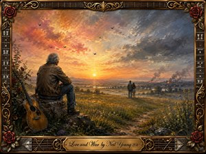 An older musician sits beside a weathered acoustic guitar, overlooking a vast sunset landscape where golden fields meet distant smoke and fire. A young couple stands together below, balancing tenderness against conflict. Rich amber, crimson, blue-gray, and gold tones create a reflective, bittersweet oil-painted scene framed by roses, guitar strings, and ornate metalwork.