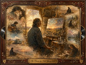 An aging painter sits in a warmly lit studio, surrounded by fading memories of love, music, travel, solitude, and landscapes. Golden sunlight, dusty blues, muted greens, and sepia tones blend through oil, acrylic, and watercolor textures. An ornate rosewood-and-gold musical frame with roses, guitar details, records, and an engraved title plate completes the nostalgic composition.