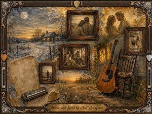 A nostalgic countryside collage glows in muted silver, gold, amber, and weathered brown, blending oil-painted warmth with faded watercolor softness. Vintage rosewood frames preserve intimate memories of love, family, and youth, while an acoustic guitar, harmonica, sheet music, moonlit farmhouse, and ornate metallic border evoke tenderness, reflection, and enduring devotion.