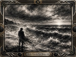 A solitary figure faces a turbulent ocean beneath brooding storm clouds, surrounded by sweeping charcoal textures, foaming waves, and faint musical lines drifting through the scene. Monochrome grays and blacks create a restless, introspective mood, while pale horizon light adds hope. An ornate metallic music-themed frame completes the dramatic composition.