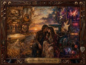 A weathered couple rests together beside a vintage truck on a sunset highway, surrounded by framed musical memories of country halls, electric guitar stages, records, and neon lights. Warm amber, rust, blue, and violet tones create nostalgic intimacy, rendered in richly textured painterly layers within an ornate wood-and-guitar-string frame.