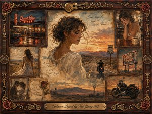 A wistful woman anchors a vintage memory collage of desert highways, a neon diner, motorcycles, distant mountains, and tender romantic fragments. Warm amber, dusty rose, sepia, and twilight blue glow beneath soft sunset light. Layered oil, acrylic, and watercolor textures blend faded memories within an ornate rosewood and gold musical frame.