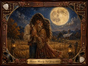 A romantic hippie couple dances closely beneath a luminous harvest moon in a quiet autumn field, surrounded by rustic lanterns and a distant farmhouse. Warm gold, amber, deep blue, and rose tones create a tender, nostalgic mood. Rich painterly textures blend oil, acrylic, and watercolor effects within an ornate musical rosewood frame.