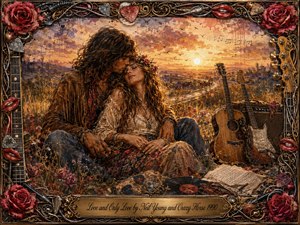 A tender hippie couple embraces in a wildflower meadow beneath a glowing golden sunset, surrounded by guitars, an amplifier, vinyl, handwritten pages, and drifting musical textures. Warm amber, rose, brown, and violet tones create a nostalgic romantic mood, while expressive mixed-media brushwork and an ornate rock-inspired frame add richness and intimacy.