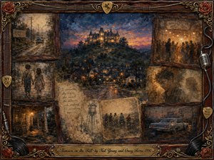 A glowing hilltop mansion overlooks a quiet rural town at twilight, surrounded by faded snapshots of roads, dances, young lovers, old cars, and weathered memories. Rich blues, amber lights, sepia browns, and rosewood tones create a nostalgic mood, framed by ornate gold inlay, roses, records, strings, and musical details.