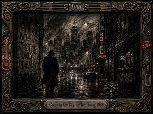 A lone figure in a dark overcoat walks through a rain-soaked city street beneath towering buildings, neon signs, and smoky streetlights. Deep charcoal textures and muted red reflections create a tense noir mood. Graffiti, a vintage car, wet pavement, and an ornate industrial metal frame reinforce themes of isolation, corruption, and urban unease.