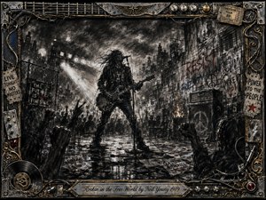 A defiant guitarist commands a rain-darkened urban stage before a surging crowd, surrounded by graffiti, fists, amplifiers, and protest imagery. Deep charcoal textures, smoky blacks, weathered grays, and restrained red accents create a gritty, rebellious mood. Harsh spotlights cut through the darkness, framed by ornate industrial metal and musical hardware.