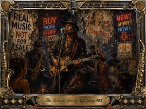 A gritty blues-rock singer performs in a smoky nightclub, surrounded by saxophone, bass, drums, and shadowed listeners. Warm amber, deep red, blue neon, and chrome highlights create a rebellious late-night mood. Textured oil-paint brushwork, satirical advertising posters, and an ornate music-themed metallic frame emphasize authenticity over commercial excess.