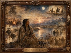 A contemplative Indigenous woman sits beside a winding river beneath a glowing moon, surrounded by fading historical memories of riders, buffalo, camps, settlers, and distant industry. Warm sepia, amber, blue, and charcoal tones blend in a nostalgic painterly collage, framed by ornate rosewood, gold inlay, guitar strings, feathers, and musical details.
