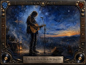 A solitary guitarist stands beneath a vast blue twilight sky, framed by distant hills and a fading amber horizon. Moody oil-painted textures, deep indigo shadows, warm stage light, and scattered stars create a reflective, timeless atmosphere. Ornate guitar strings, vinyl records, metallic details, and an engraved title plate complete the composition.
