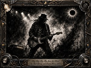A lone guitarist stands beneath harsh stage lights in a storm of feathered charcoal smoke, framed by an ornate industrial border of chrome, gold filigree, cables, picks, and amplifier controls. Deep blacks, smoky grays, and metallic highlights create a brooding, defiant mood, while the eclipse-like sky intensifies the raw rock atmosphere.