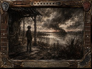 A lone young figure stands on a weathered riverside porch, watching a dark boat cross smoky water beneath a turbulent sunset sky. Deep charcoal textures, muted browns, black, and ember-red accents create a tense, foreboding mood. A rugged guitar-themed wood-and-metal frame with strings, picks, and ornate brass details surrounds the scene.