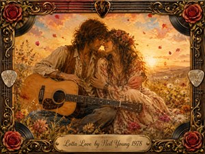 A tender hippie couple embraces in a wildflower meadow at golden sunset, an acoustic guitar resting across their laps. Warm gold, peach, rose, and cream tones create a dreamy romantic mood. Rich oil, acrylic, and watercolor textures glow within an ornate frame of roses, guitar strings, vinyl motifs, and gilded details.