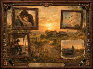 A warm, nostalgic country landscape glows beneath a golden sunset, centered on a weathered farmhouse and winding rural path. Rosewood memory frames show lovers embracing, a solitary guitarist, birds, and a roadside farewell. Earthy amber, brown, and faded blue tones blend painterly realism with tender, timeworn melancholy.