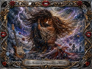 A passionate 1970s couple embraces within a violent, music-charged storm, their hair and clothing sweeping through rain, lightning, and swirling sound waves. Deep blues, purples, silver, red, and gold glow dramatically across the painterly scene. An ornate chrome-and-gold rock-inspired frame surrounds guitars, roses, picks, records, and decorative musical details.