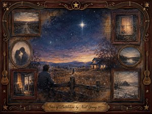 A solitary figure rests beside a weathered fence beneath a brilliant evening star, overlooking a quiet farmhouse and rolling countryside. Deep indigo skies blend into amber twilight, while faded rosewood-framed memories surround the scene. Painterly textures, warm window light, musical inlays, and nostalgic imagery create a tender, reflective atmosphere.