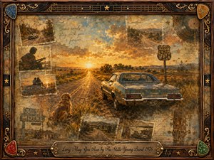 A weathered vintage car rests beside an endless rural highway glowing beneath a golden sunset, surrounded by faded photographs, maps, music memorabilia, and a loyal dog. Warm amber, blue, and sepia tones create nostalgic tenderness, while painterly textures, aged paper, ornate wood, gold inlay, and guitar details frame the memory-filled scene.