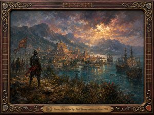 A lone armored conquistador overlooks a luminous ancient city beside turquoise waters, while tall ships approach beneath storm-dark mountains. Golden sunlight breaks through smoky violet clouds, casting an ominous glow across temples and shoreline. Rich oil-paint textures, deep earth tones, and an ornate music-themed frame create a haunting sense of beauty, conquest, and fading history.