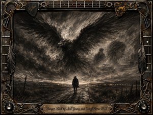 A solitary figure walks a rain-darkened road beneath a vast charcoal storm, dominated by a menacing black bird with outstretched wings. Ghostly memories of figures, vehicles, and landscapes dissolve into the clouds. Sepia, black, and tarnished gold tones create a brooding, haunted mood, framed with guitar strings, metalwork, feathers, and vintage amplifier details.