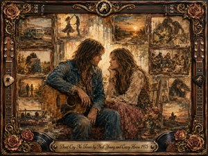 A wistful 1970s couple sits closely beside a worn acoustic guitar, surrounded by faded framed memories of road trips, dancing, music, sunsets, and embraces. Warm amber, sepia, dusty blue, and muted rose tones glow softly across textured mixed-media brushwork. An ornate rosewood-and-gold musical frame completes the nostalgic, tender composition.