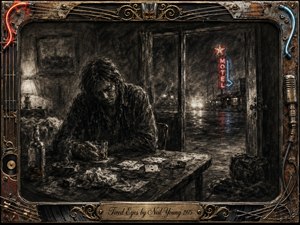 A weary man slumps over a battered table in a dim roadside motel, surrounded by cards, bottles, ash, and scattered debris. Deep charcoal textures dominate the somber scene, while red and blue neon glows through rain-streaked windows. A distressed musical-metal frame and engraved brass title plate reinforce the bleak, exhausted atmosphere.