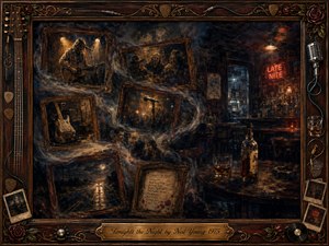A haunting late-night barroom unfolds through faded rosewood-framed memories of a lone musician, old friends, guitars, whiskey, and a rain-dark road. Smoky blues, sepia browns, amber light, and muted crimson create a mournful glow. Expressive oil, acrylic, and watercolor textures blend nostalgia, loneliness, and fading remembrance.