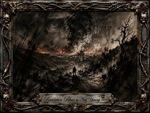 A lone figure stands on a winding road beneath a turbulent, smoke-choked sky, facing distant fires and a scarred landscape. Deep charcoal blacks, ash gray, and muted rust tones create a brooding, rebellious mood. Expressive charcoal textures, skeletal trees, shadowy figures, and an ornate metallic frame intensify the scenes ominous atmosphere.