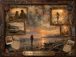 A solitary figure walks along a windswept beach at sunset, surrounded by fading framed memories of love, youth, and travel. Warm amber, rust, gray-blue, and muted rose tones blend through textured oil, acrylic, and watercolor effects. Weathered rosewood, guitar strings, vinyl details, and an engraved title plate complete the nostalgic, melancholic composition.