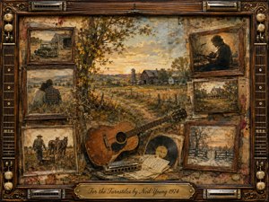A weathered country collage surrounds a golden rural sunset, where an old farmhouse, fields, and winding fences evoke solitude and faded memory. Vintage rosewood frames hold scenes of musicians, lovers, farm life, and winter. Warm ochres, browns, and muted blues blend in richly textured oil-paint style, accented by guitars, records, harmonicas, and ornate musical framing.