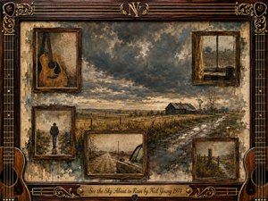 A stormy rural landscape unfolds beneath heavy gray-blue clouds, with a muddy road winding past golden fields, a weathered barn, windmill, and bare trees. Vintage rosewood frames hold faded memories of a guitar, rainy window, solitary traveler, and country road. Sepia browns, muted golds, and painterly textures create wistful nostalgia.