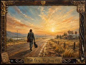 A lone traveler walks a weathered highway toward a glowing sunset, carrying a guitar case beneath a vast golden-blue sky. Rustic motel and gas signs evoke 1970s Americana, while warm oil-painted textures create resilience and nostalgia. An ornate music-themed frame of strings, metal, tickets, and Route 66 details completes the scene.