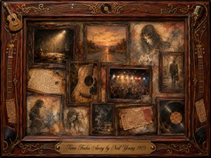 A richly framed collage of fading musical memories surrounds weathered guitars, handwritten lyrics, concert lights, a lonely stage, an open highway, and ghostlike figures. Warm sepia, rust, gold, and smoky blue tones glow under soft nostalgic lighting. Layered oil, acrylic, and watercolor textures create a bittersweet, timeworn atmosphere.