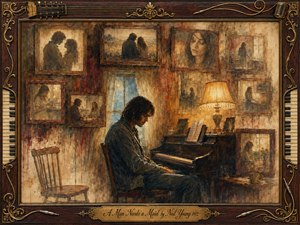 A solitary man sits pensively at an old piano in a warm, timeworn room, surrounded by faded framed memories of love and domestic life. Sepia browns, muted golds, and soft blue window light create wistful melancholy. Painterly textures, antique rosewood framing, piano-key details, and ornate gold accents deepen the nostalgic atmosphere.
