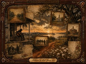 A weathered Southern porch overlooks a glowing river valley at sunset, where a lone guitarist sits beneath a sprawling oak amid faded framed memories of roads, churches, buildings, and figures. Warm sepia, amber, and brown tones create a reflective, haunted mood, enclosed by an ornate rosewood, gold-inlaid musical frame.