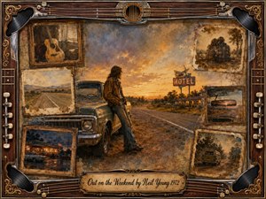 A solitary traveler leans against a weathered pickup beside a quiet highway at sunset, surrounded by faded snapshots of roads, motels, romance, and music. Warm amber, brown, and dusty blue tones create a wistful mood. Painterly textures, aged photographs, rosewood framing, guitar strings, and vinyl accents evoke nostalgic weekend wandering.