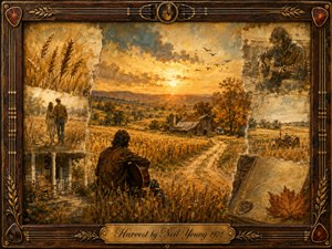 A warm, nostalgic harvest landscape glows beneath an amber sunset, with rolling fields, a weathered barn, winding road, and a solitary guitarist seated in tall grain. Faded memory vignettes of wheat, lovers, a porch, and farm life blend softly around him. Rich ochres, browns, and golds create a tender painterly atmosphere.
