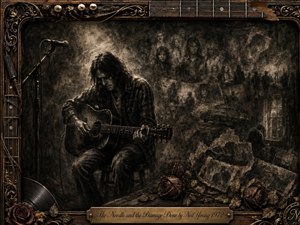 A solitary guitarist sits hunched in a shadowed room, surrounded by fading faces, ruined photographs, withered roses, and ghostly memories. Deep charcoal browns, black, and sepia dominate beneath dim, smoky light. The ornate guitar-themed frame and engraved title plate reinforce the somber, intimate mood of loss, addiction, and remembrance.
