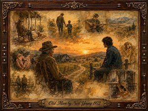 A warm, nostalgic rural collage shows an elderly man and a younger man quietly facing a golden sunset across farmland, fences, and a winding country road. Sepia browns, amber light, and muted blues create a reflective mood, while faded memories, aged hands, a dog, and acoustic guitars emerge through painterly watercolor and oil textures.