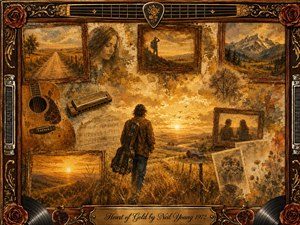 A solitary traveler with a guitar case stands in a golden prairie at sunset, surrounded by faded memories in ornate vintage frames. Warm amber, sepia, and brown tones create a tender, reflective mood. Acoustic guitars, harmonicas, roses, records, photographs, and gold inlay enrich the nostalgic mixed-media collage, framed like a treasured keepsake.