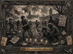 A somber charcoal campus scene captures students scattering through smoke and confusion while grieving figures kneel amid windblown papers and protest signs. Deep blacks, ash grays, sepia tones, and restrained crimson accents create an urgent, mournful atmosphere. Four glowing candles provide quiet memorial light within an ornate music-inspired metal frame.