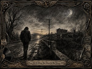 A solitary figure walks along a wet, deserted road beneath a brooding charcoal sky, surrounded by bare trees, telephone poles, and weathered buildings. Deep blacks, smoky grays, and faint amber light create a melancholic yet resilient mood. An ornate metallic frame of roses, wires, records, and musical details completes the vintage composition.