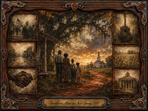 A richly framed Americana collage surrounds a sunset Southern landscape, where a family stands beside a weathered farmhouse facing a distant church. Sepia, rust, amber, and charcoal tones create a somber, reflective mood. Vintage inset scenes suggest history, conflict, music, and reconciliation, rendered in textured, painterly brushwork.