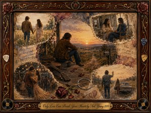 A solitary man sits beside an acoustic guitar, gazing across a rural sunset while faded memories of love surround him in a nostalgic collage. Warm amber, sepia, dusty rose, and muted blue tones create a tender, melancholy mood. Ornate rosewood framing, roses, guitar picks, musical notes, and broken strings enrich the painterly design.