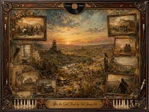A weathered gold-rush valley glows beneath a fading amber sunset, surrounded by nostalgic framed memories of miners, old towns, lovers, abandoned homes, vintage cars, and musicians. Rich sepia, bronze, and muted blue tones create a wistful dreamscape, enclosed by ornate rosewood, gold inlay, records, cables, piano keys, and roses.