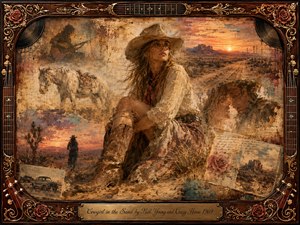 A wistful cowgirl sits amid a sun-washed desert collage, surrounded by fading visions of a horse, distant roads, sunset mesas, a guitarist, and romantic memories. Warm sepia, dusty gold, rose, and muted turquoise tones glow through layered oil, acrylic, and watercolor textures, framed by ornate rosewood, gold, roses, and guitar details.