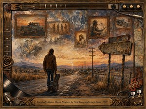 A solitary traveler carrying a guitar case walks down a weathered rural highway at sunset, surrounded by faded framed memories of musicians, friends, motorcycles, and distant journeys. Warm amber, rust, blue, and sepia tones create a nostalgic, restless mood, while textured painterly surfaces, vintage instruments, road signs, and ornate metalwork frame the scene.