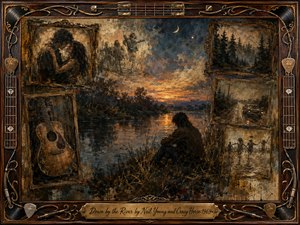 A solitary figure sits beside a dark river at sunset, surrounded by faded memories in ornate vintage frames. Warm amber reflections contrast with deep blues, browns, and charcoal shadows. Romantic figures, forest scenes, an old car, and acoustic guitar evoke longing and regret. Textured painterly layers create a haunting, nostalgic atmosphere.